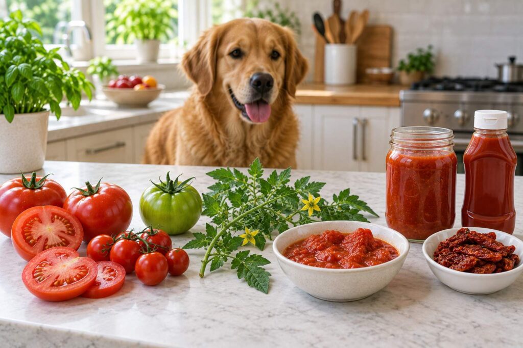 Ripe tomatoes, green tomatoes, tomato plant parts and processed tomato foods displayed for dog safety comparison