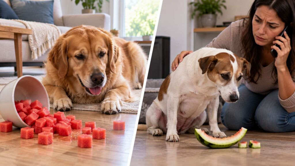 Split scene comparing a dog that ate too much watermelon flesh with a possible rind ingestion