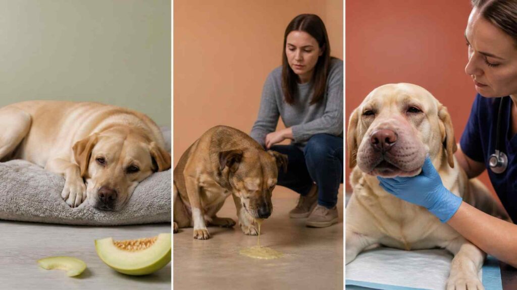 Veterinary comparison showing mild digestive upset, food intolerance, and an allergic reaction in dogs after eating honeydew