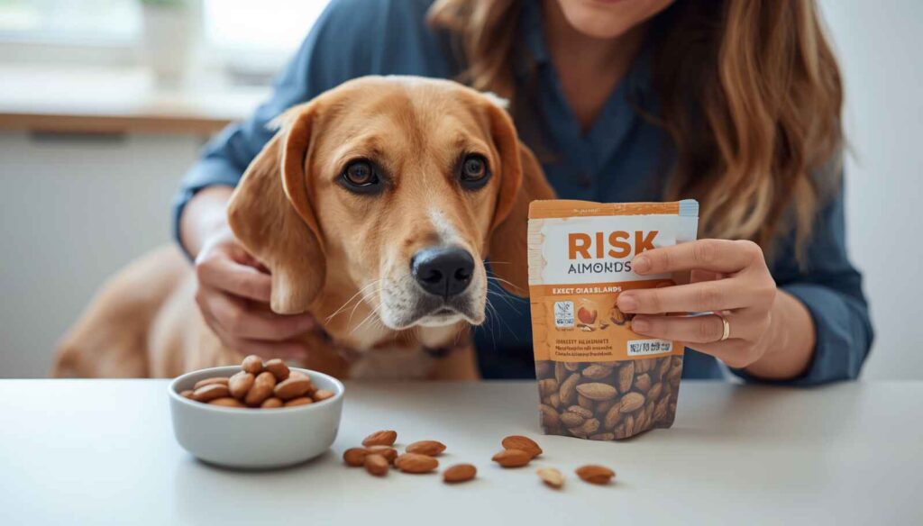 Dog owner assessing almond ingestion risk by checking the dog, amount eaten, almond product and symptoms