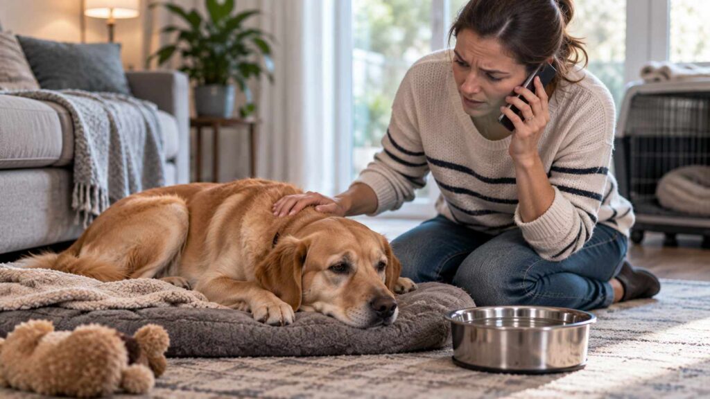 Lethargic dog resting while a concerned owner contacts a veterinary clinic