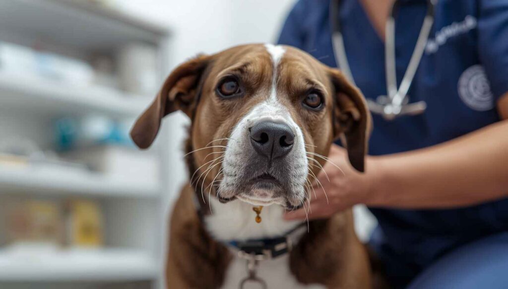 Veterinarian examining a dog with serious nasal discharge and respiratory symptoms