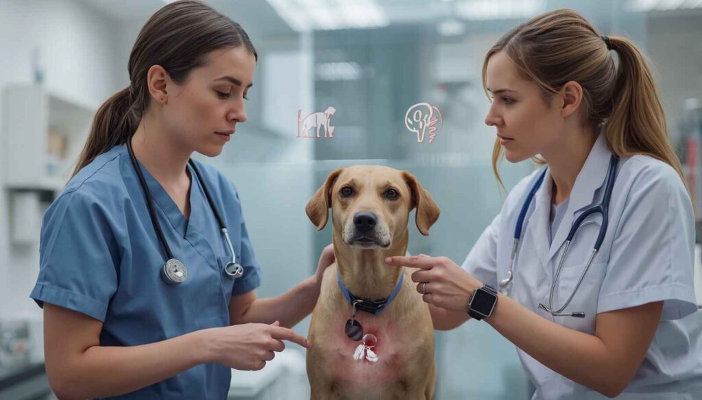 Veterinarian examining a suspicious lump on a dog during a clinic visit.