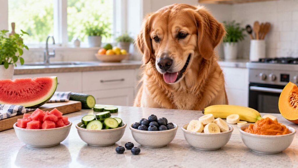 Watermelon, cucumber, blueberries, banana and pumpkin displayed in small portions beside a dog