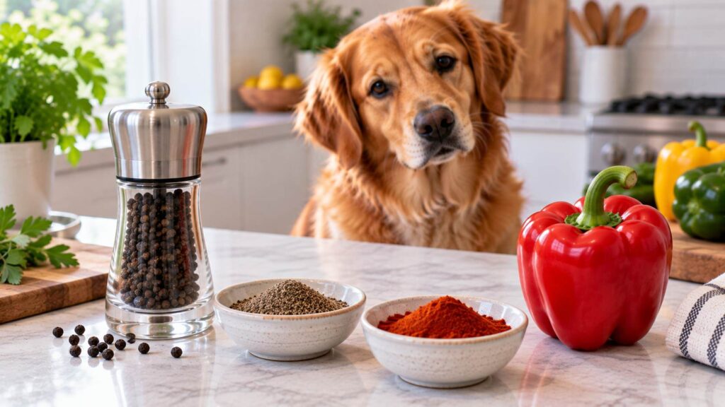Dog beside black peppercorns, ground black pepper, paprika and a fresh bell pepper
