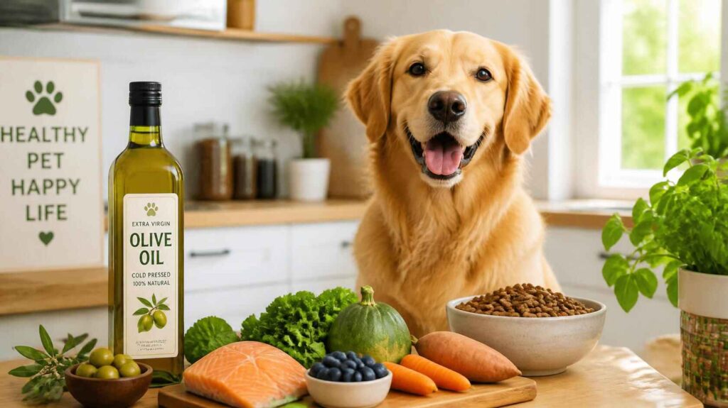Bottle of olive oil beside a happy dog with fresh healthy ingredients in a kitchen