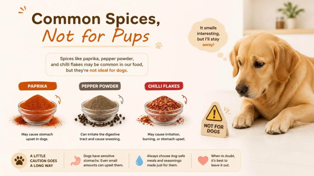Paprika pepper powder and chilli flakes beside a dog with caution-themed visuals