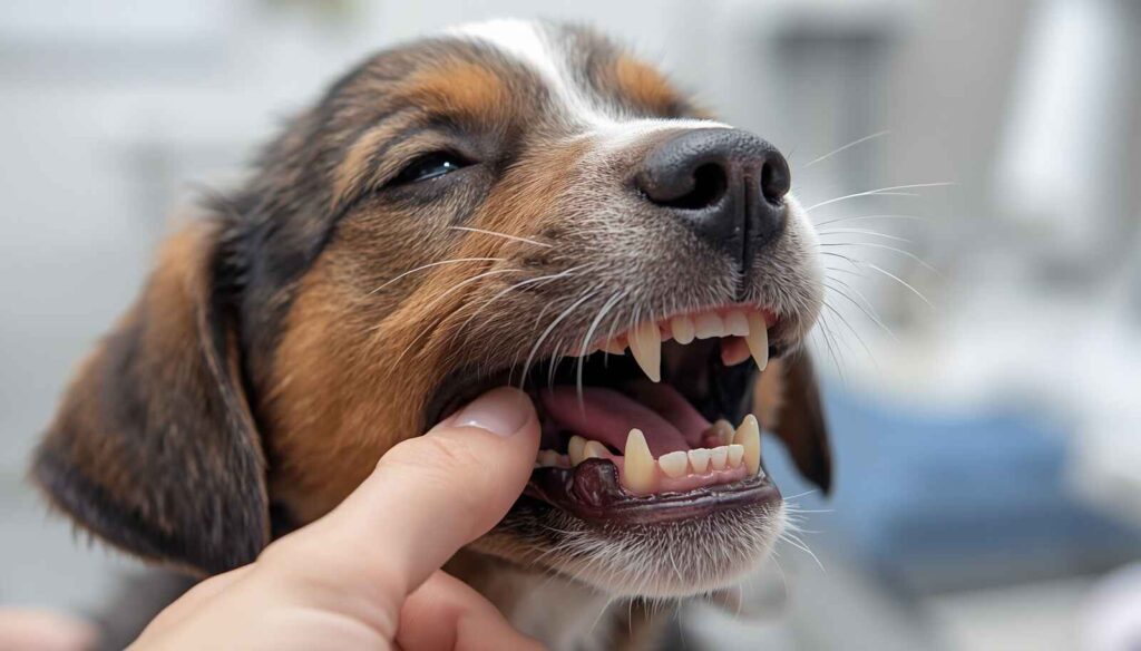 Close-up of puppy retained baby teeth beside adult teeth during dental check