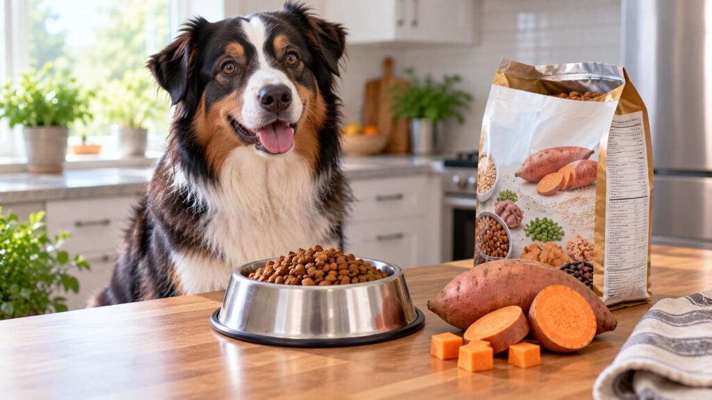 Dog food bowl beside sweet potato and a commercial dog food package