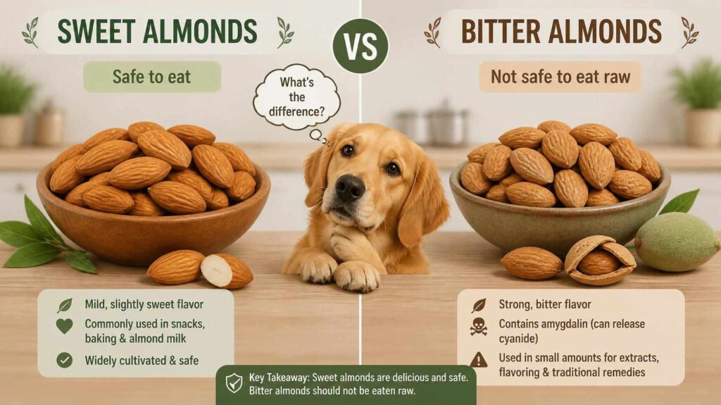 Comparison of sweet almonds and bitter almonds beside a curious dog