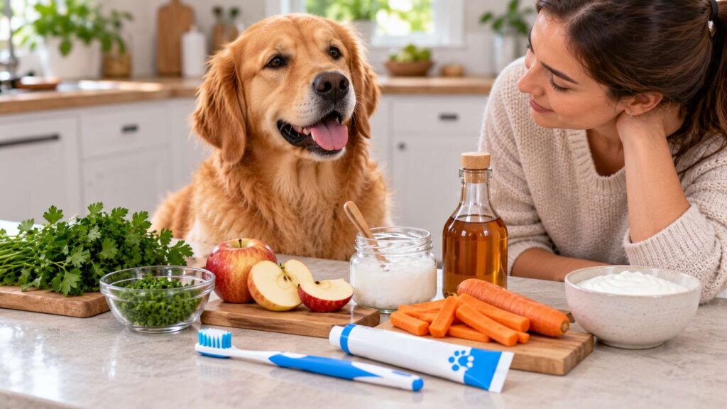 Dog beside parsley, coconut oil, apple cider vinegar, carrots and other popular natural remedies