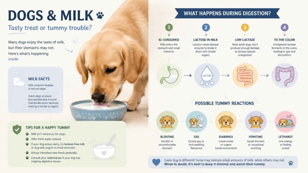 Dog drinking milk with digestive system illustration explaining how dogs react to milk