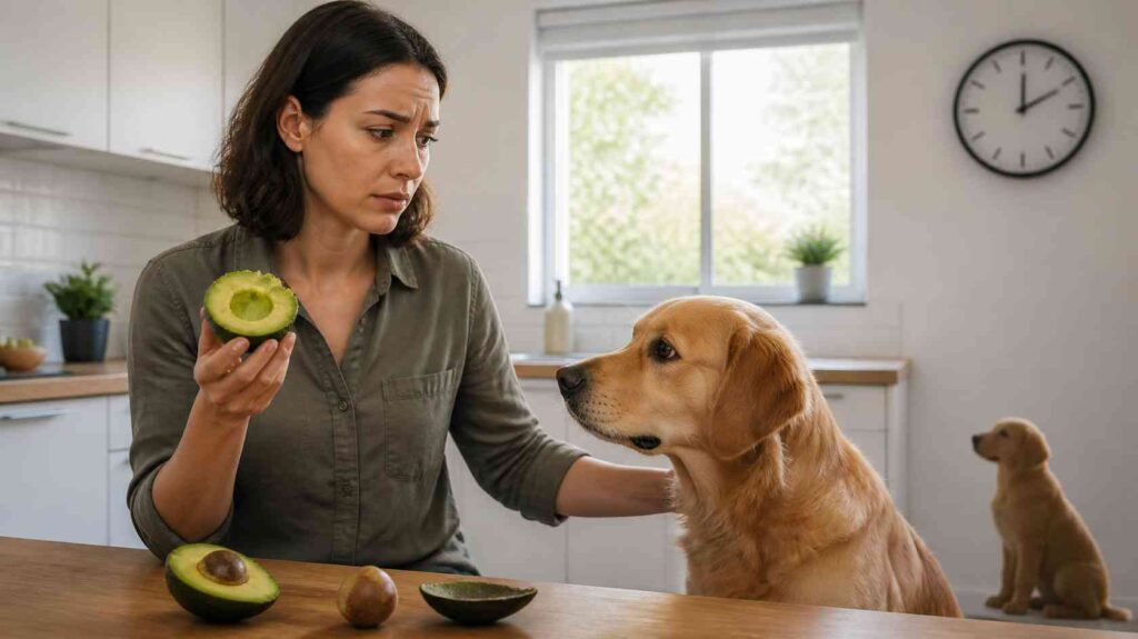 Dog owner checking what part of an avocado their dog ate before deciding the next step for Can Dogs Eat Avocado safety guidance.