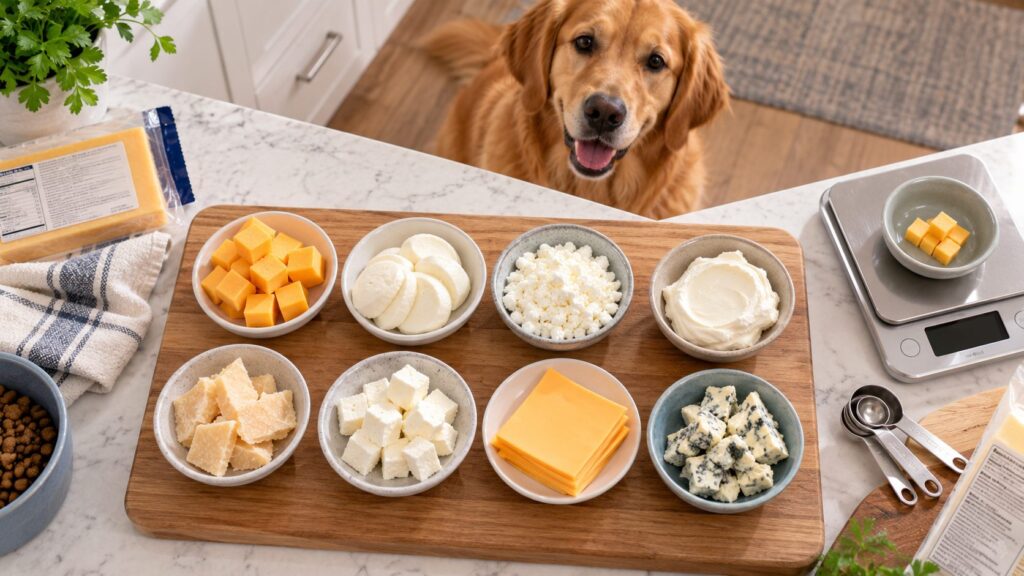 Can dogs eat cheese? Different cheese varieties shown with a nutrition label and kitchen scale while a dog waits in the background.