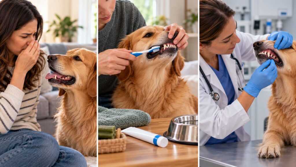 Dog dental care showing breath freshening, tooth brushing and veterinary examination