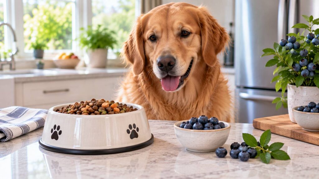 Healthy dog beside fresh blueberries and a bowl of complete dog food
