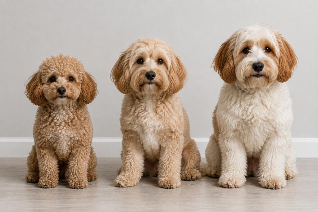 Cavapoochons showing natural differences in adult size, coat texture and appearance