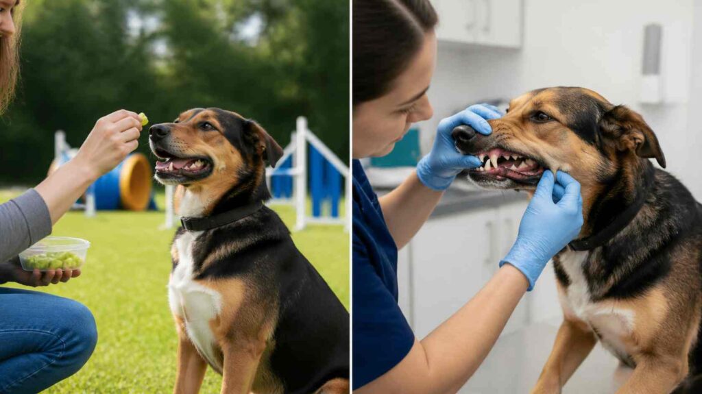 Split scene showing a dog receiving celery as a low-calorie training treat and later having a professional dental examination at a veterinary clinic.