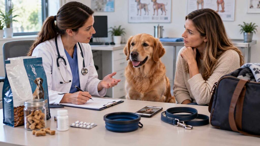 Veterinarian discussing a dog's food, medication, travel and recent exposure history with the owner