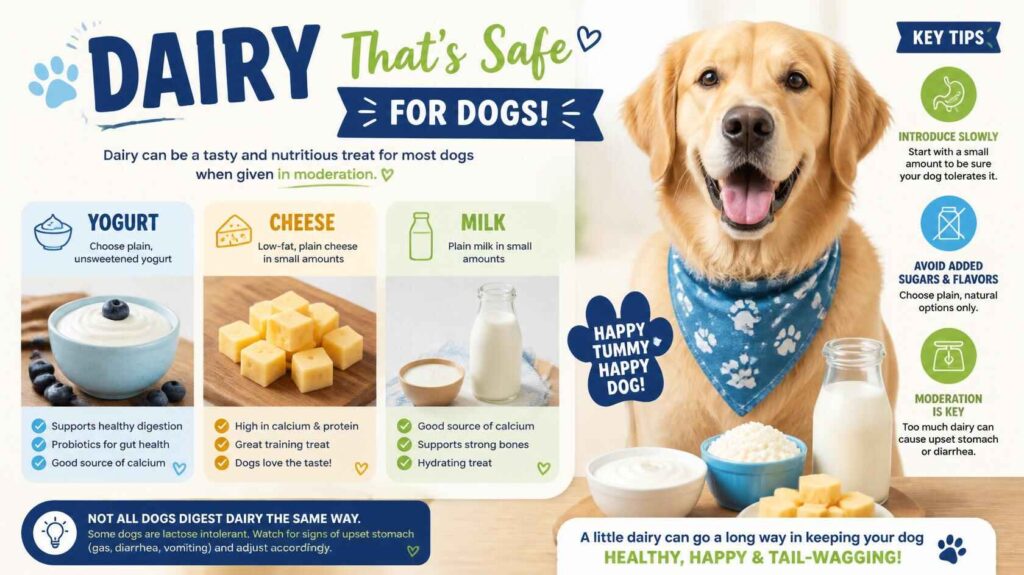 Healthy dog with yogurt cheese and milk showing safe dairy products dogs can eat