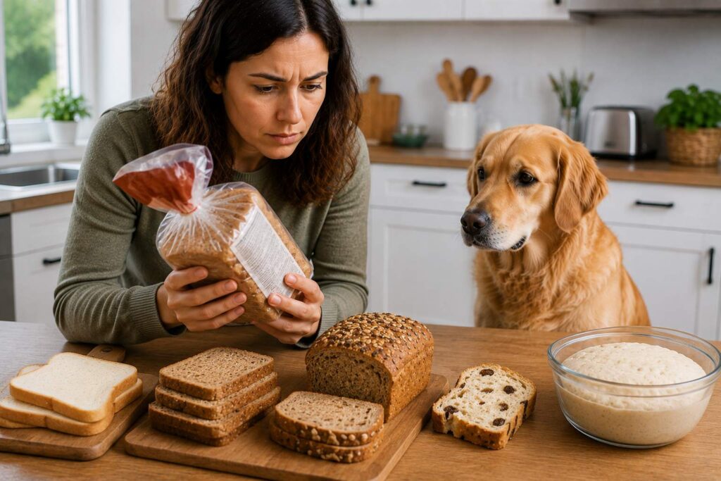 Dog owner checking different types of bread and ingredients after a dog eats bread