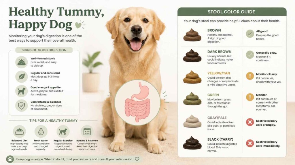 Dog with digestive health visuals explaining the meaning of black stool in dogs