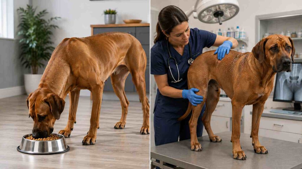 Split illustration showing a healthy Rhodesian Ridgeback eating a balanced diet while a veterinarian examines another dog with joint and skin problems.