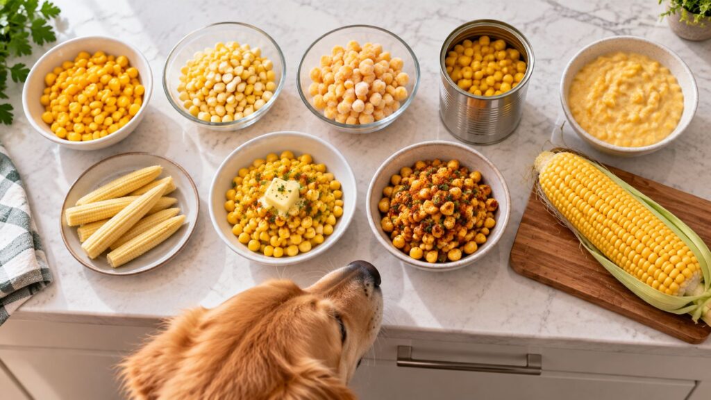 Can dogs eat sweetcorn in different forms, including cooked kernels, frozen corn, tinned corn and corn on the cob