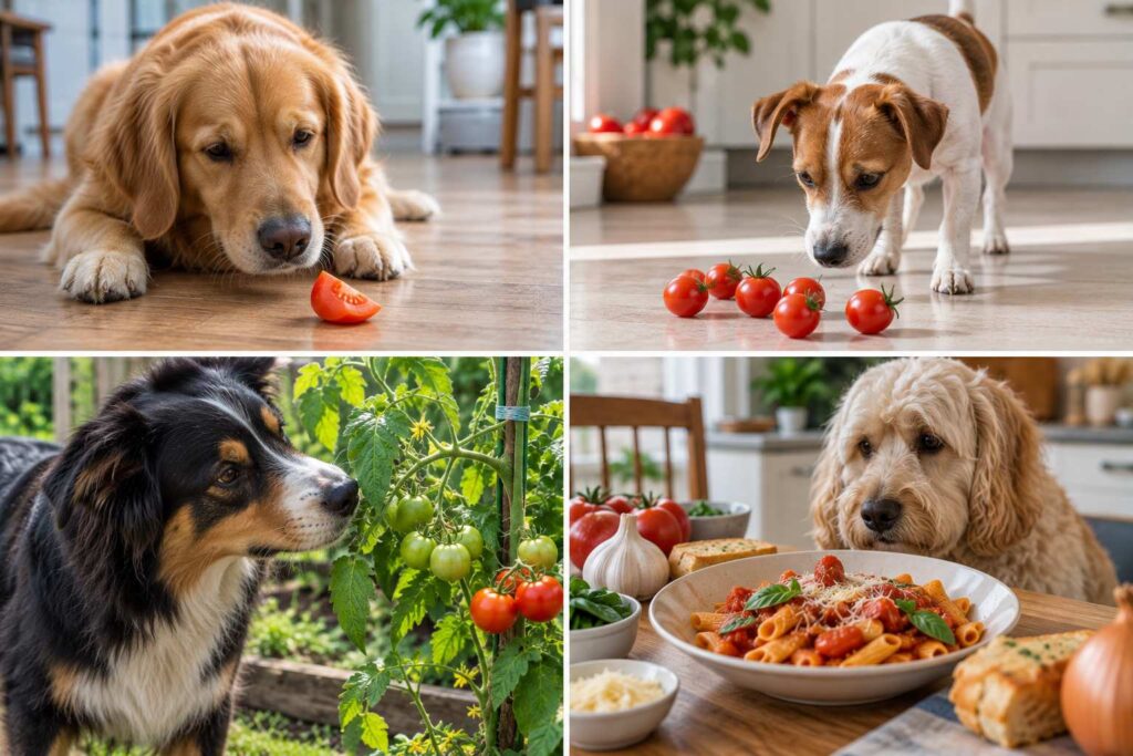 Dogs shown in different situations involving ripe tomato, cherry tomatoes, tomato vine and tomato-based pasta
