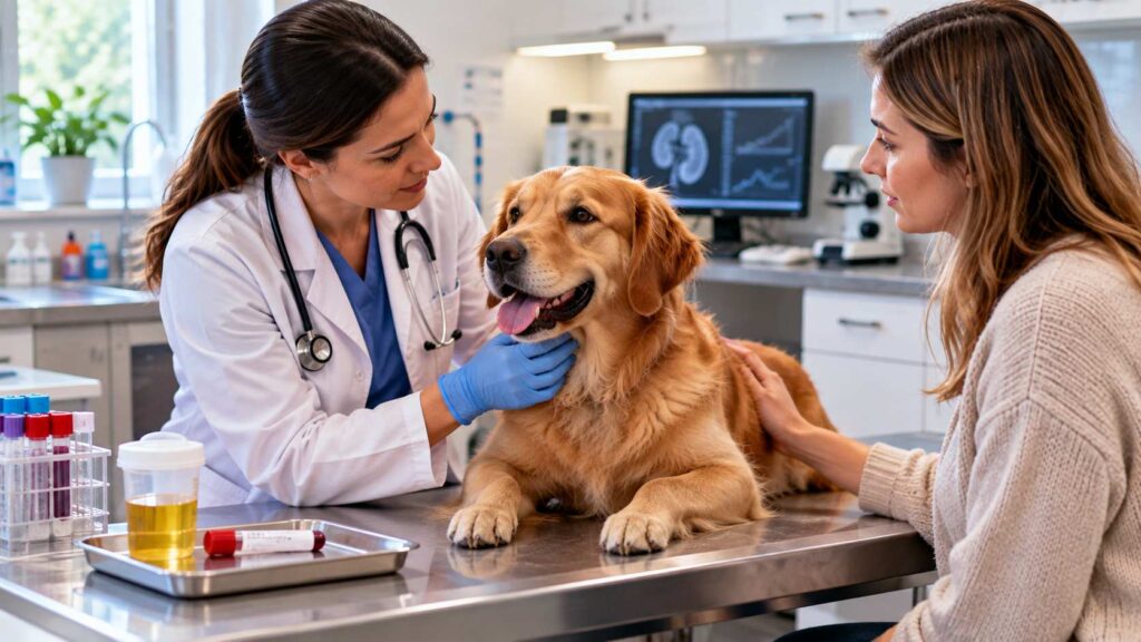 Veterinarian examining a dog and reviewing blood and urine tests after suspected grape ingestion