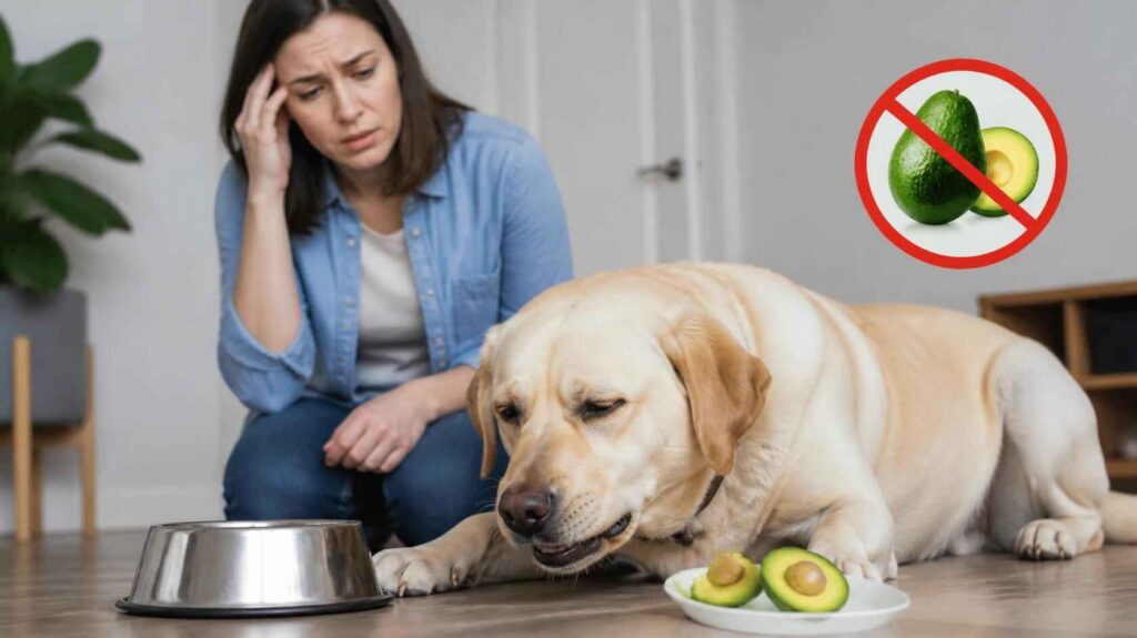 Concerned dog owner watching a dog after eating avocado with pet health warning theme