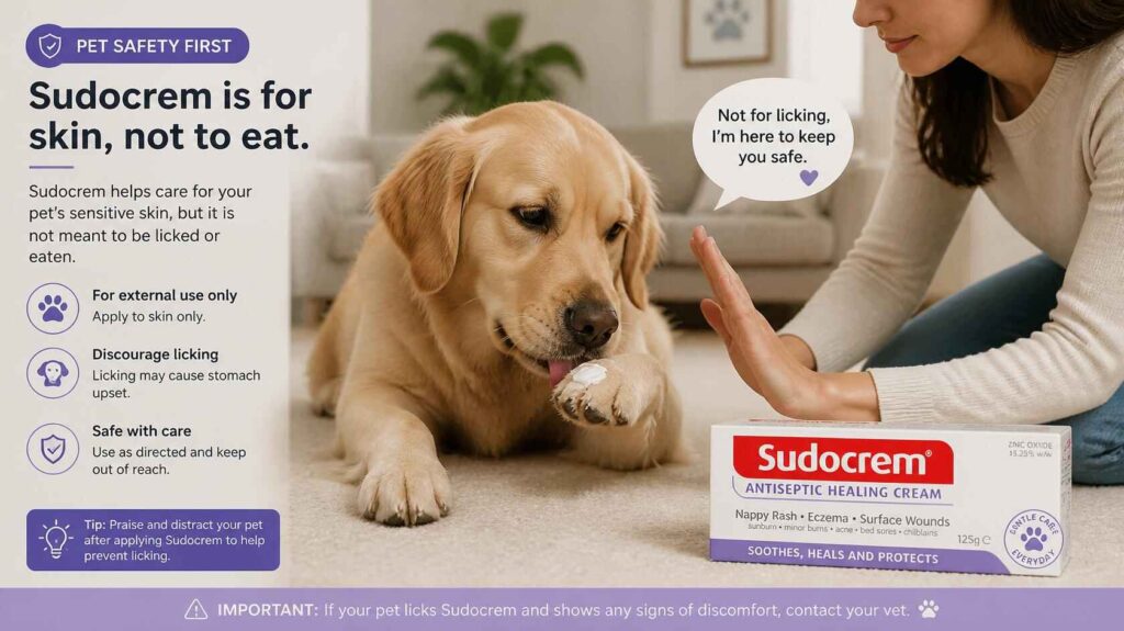 Dog licking Sudocrem cream while owner stops the dog from eating it