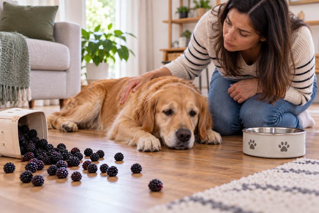 Dog resting after eating a large amount of blackberries while owner monitors for digestive upset