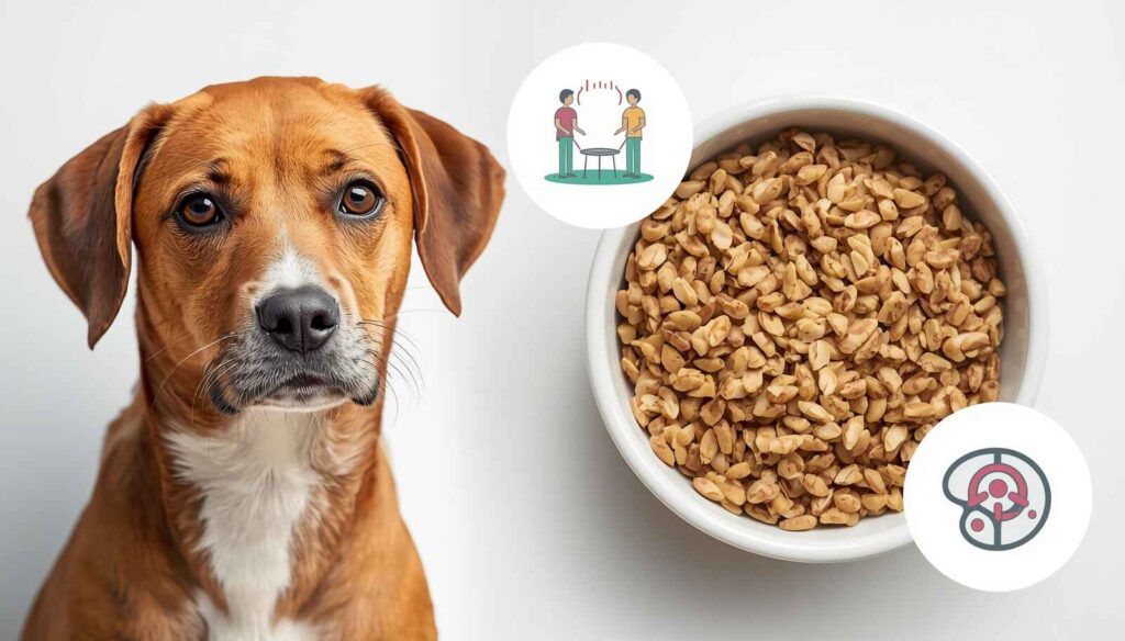 Dog feeling uncomfortable after eating too much quinoa with bowl nearby