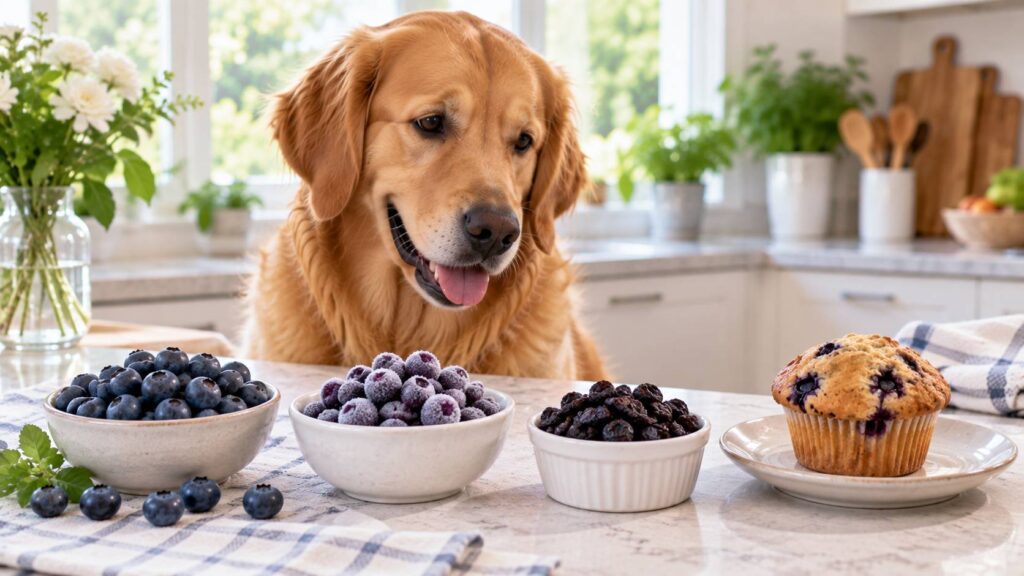 Dog beside fresh, frozen, dried blueberries and a blueberry muffin
