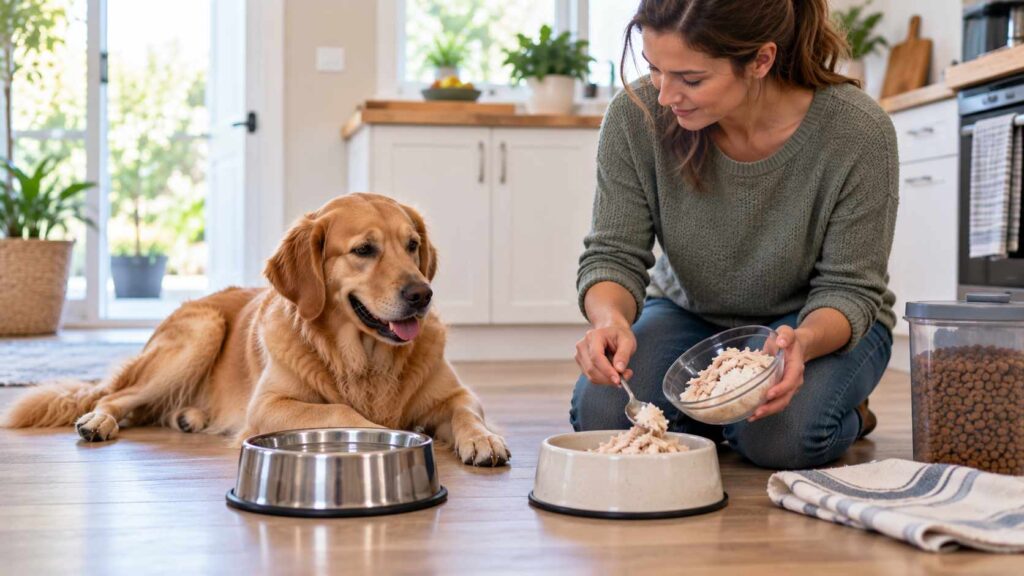 Alert dog resting beside fresh water while the owner prepares a simple easily digestible meal