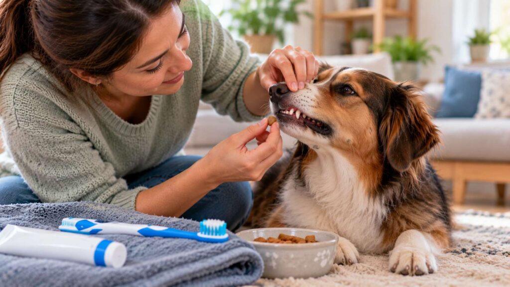 Owner gently training a hesitant dog to accept tooth brushing using positive rewards