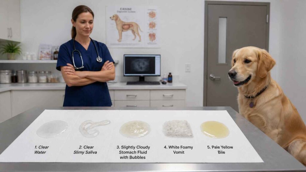 Comparison of clear water, saliva, stomach fluid, white foam, and pale bile in dog vomit.