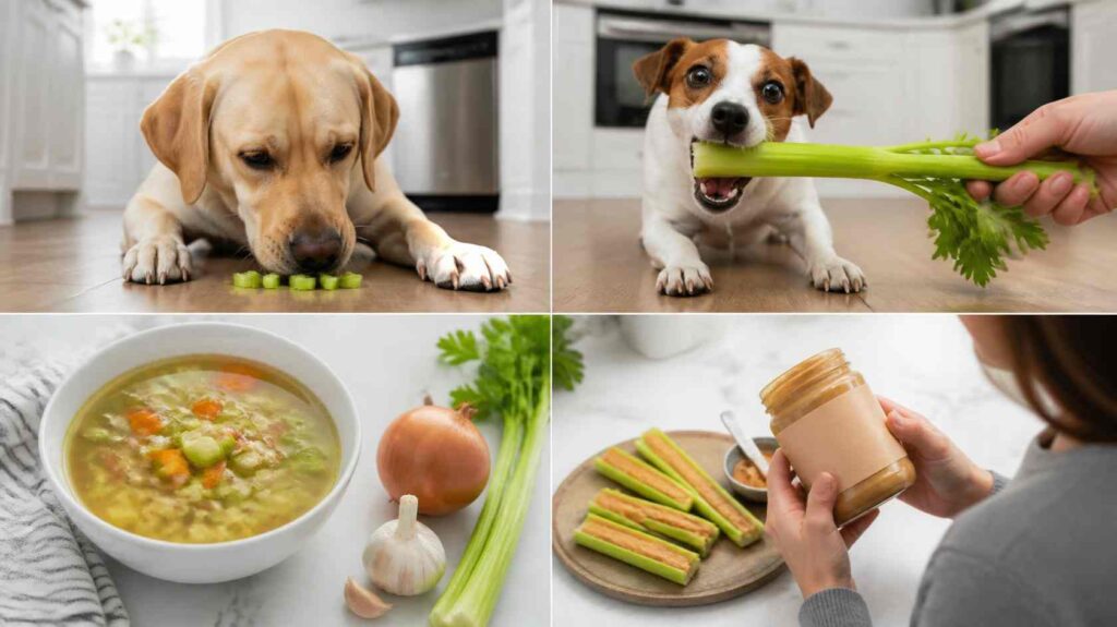 Can Dogs Eat Celery? Different celery situations showing safe plain celery, whole stalk choking risk, celery soup with onion and garlic, and peanut butter label being checked for xylitol.