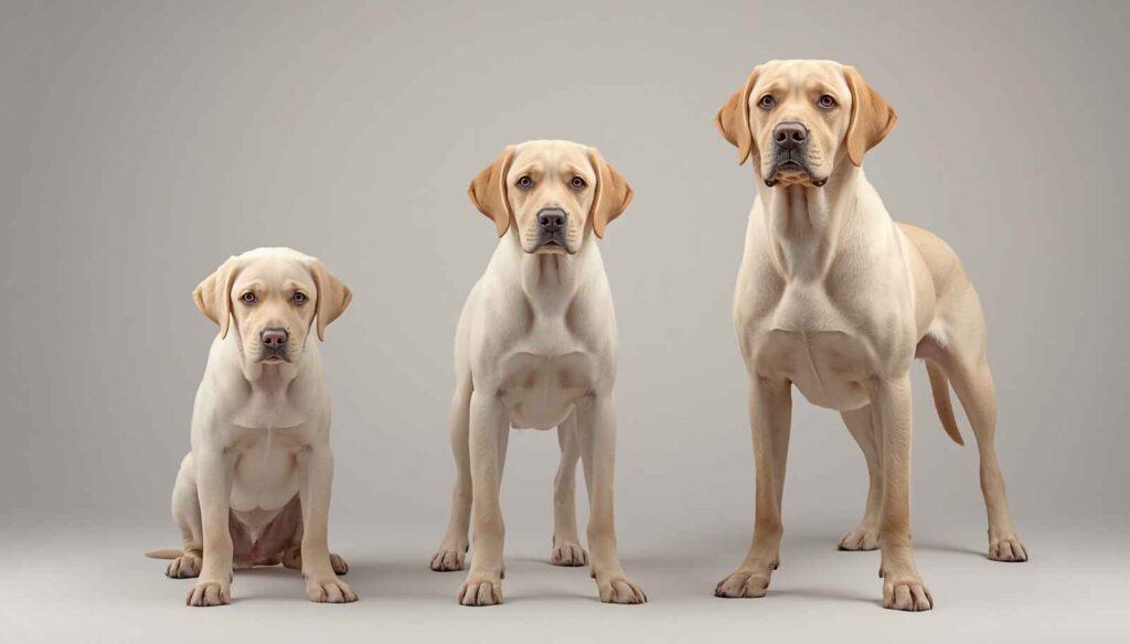 Labrador growth stages showing adult height, chest development and muscle maturity