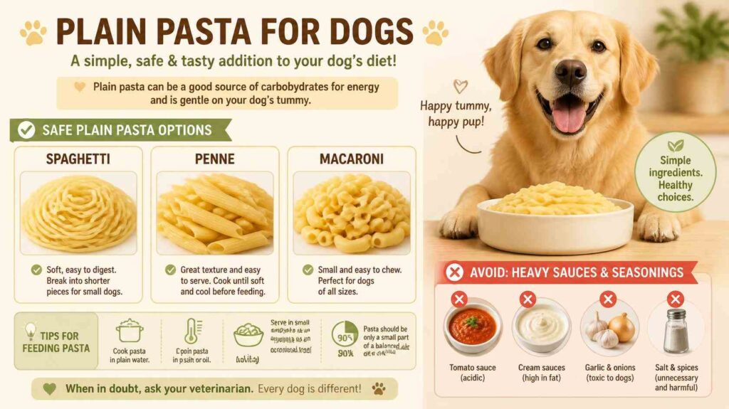 Different types of plain pasta including spaghetti penne and macaroni beside a happy dog