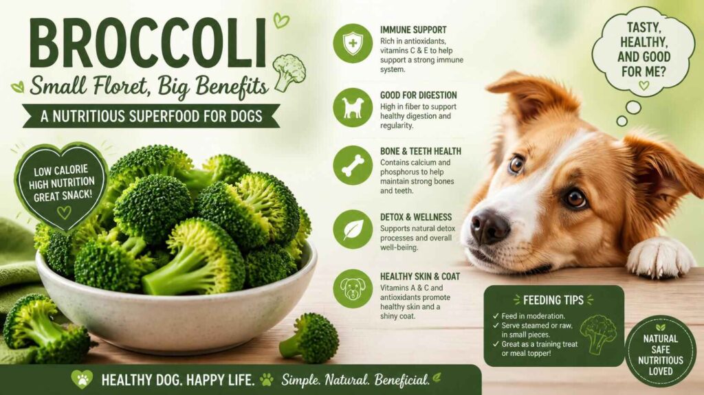 Fresh broccoli with nutrition icons beside a curious dog showing broccoli health benefits for dogs