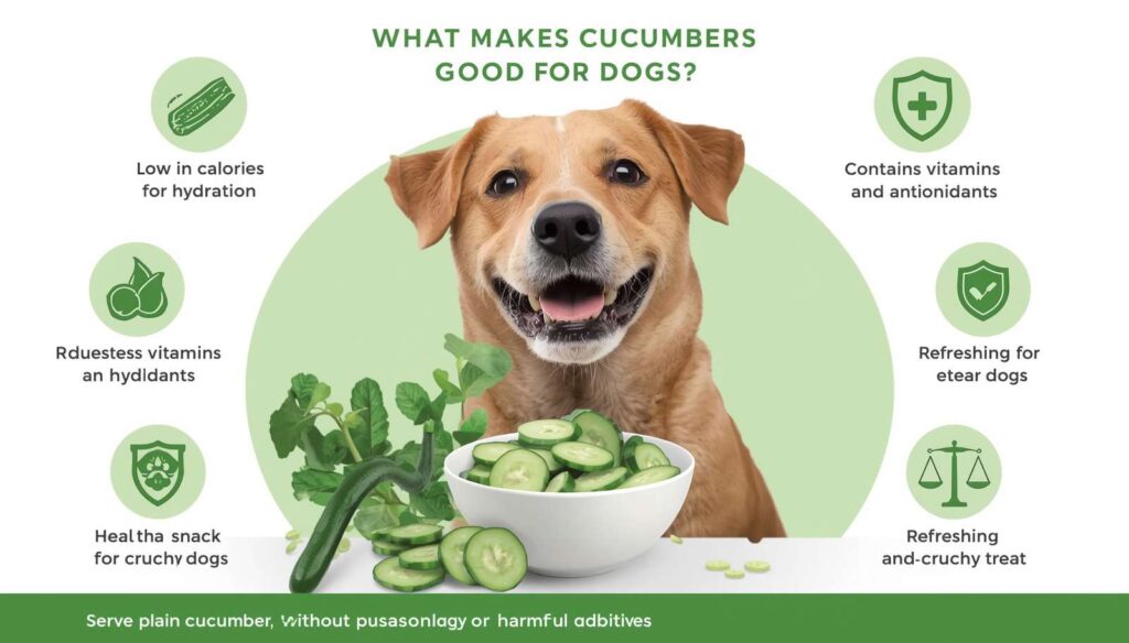 Dog beside fresh cucumber slices with health icons showing hydration, vitamins, antioxidants, and low-calorie benefits for dogs.