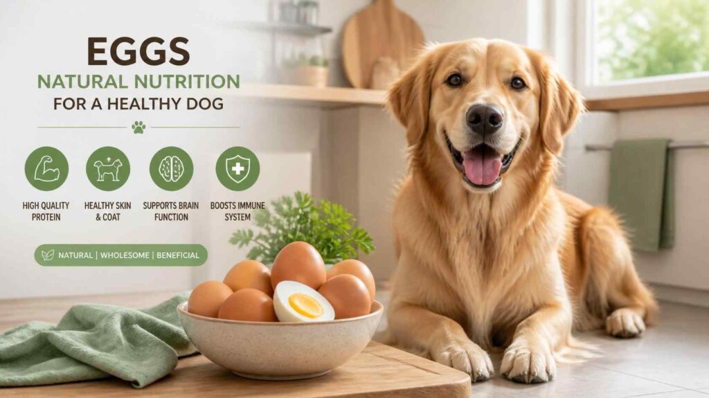 Healthy dog with eggs showing protein and nutrition benefits for dogs