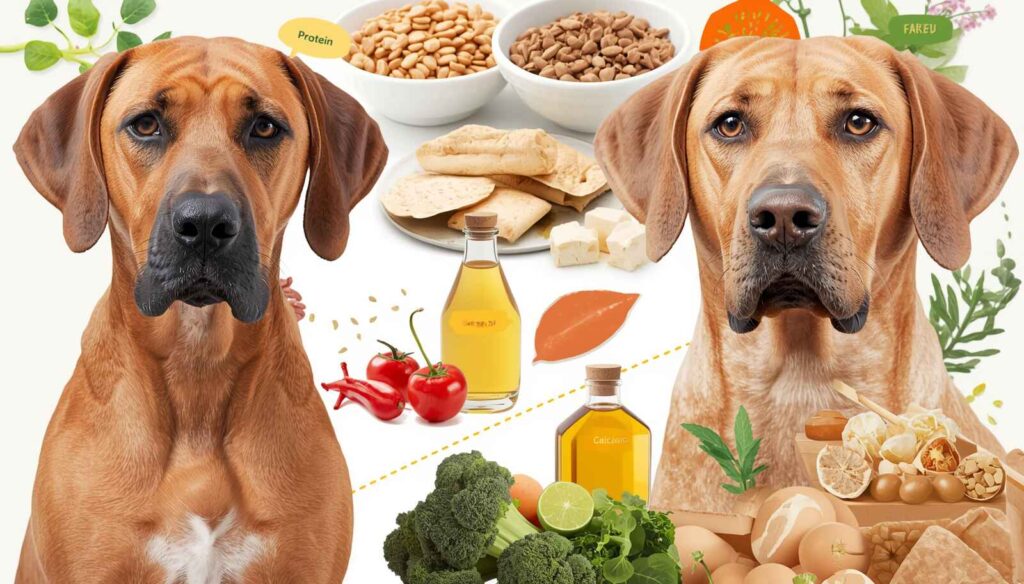 Rhodesian Ridgeback beside nutrient-rich foods including protein fish oil and vegetables