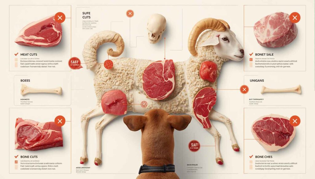 Illustrated diagram showing different parts of a lamb and which parts are safe or unsafe for dogs to consume
