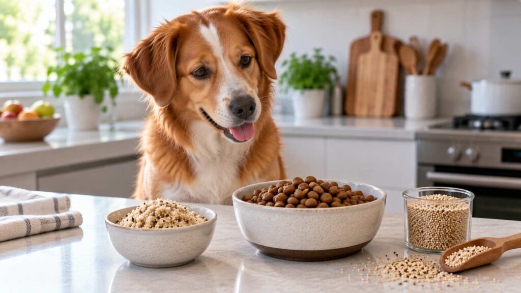Dog beside plain cooked quinoa and a bowl of complete dog food