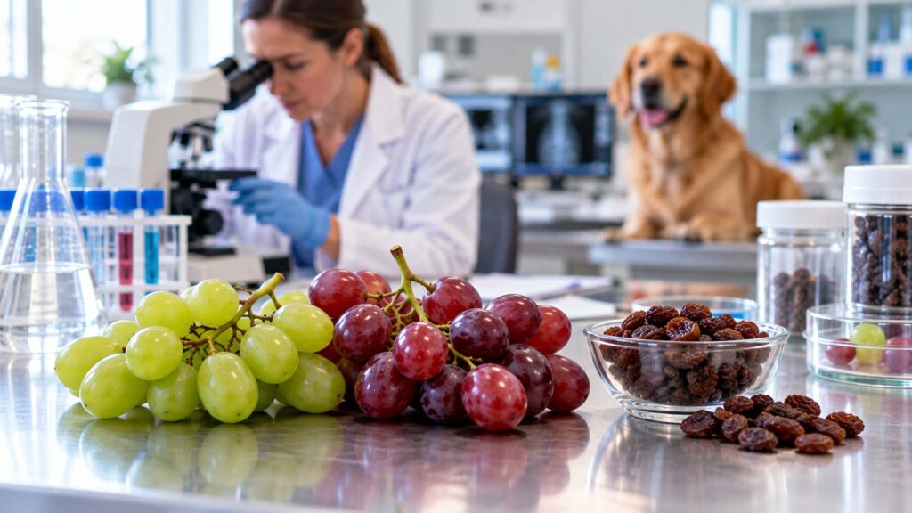 Fresh grapes and raisins being examined in a veterinary research setting for grape toxicity