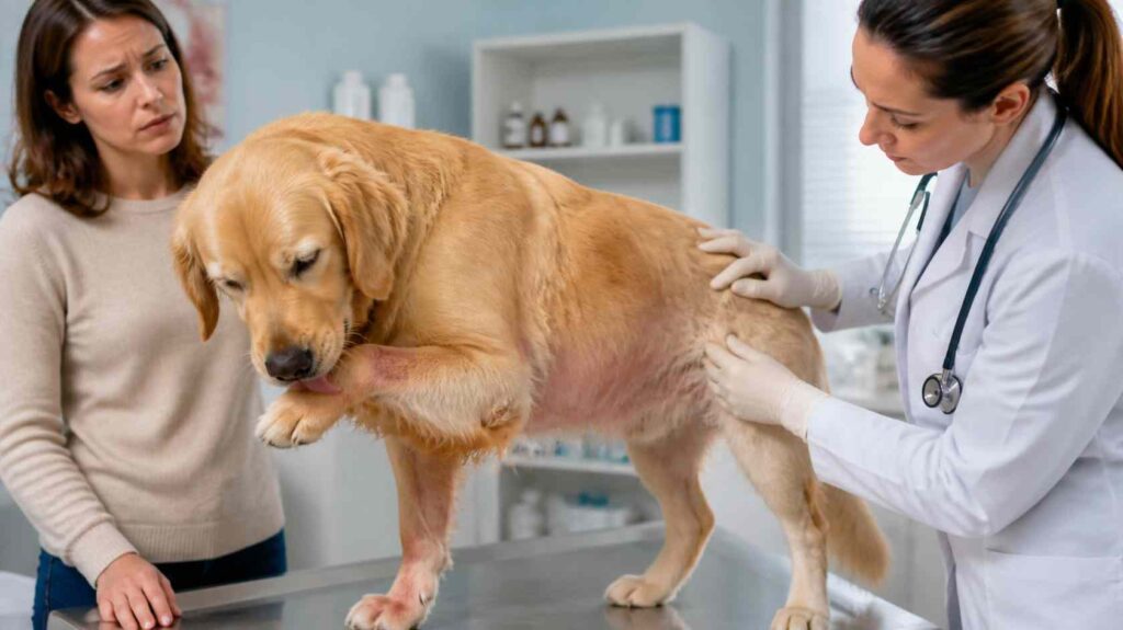 Veterinarian examining a Golden Retriever with itchy paws, ear irritation, and mild skin redness during an allergy assessment.