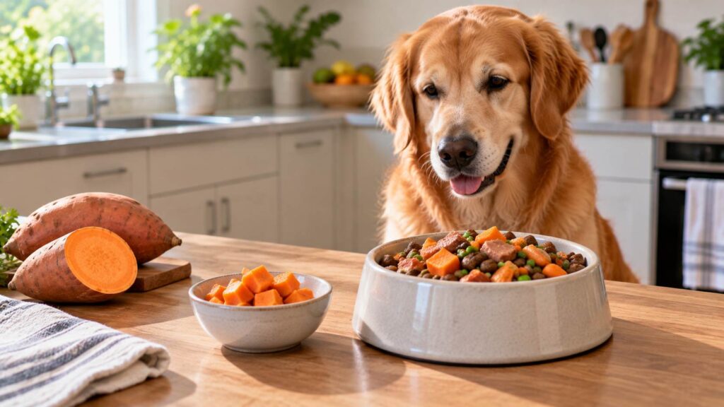 Can dogs eat sweet potato as a small treat alongside a complete dog food diet